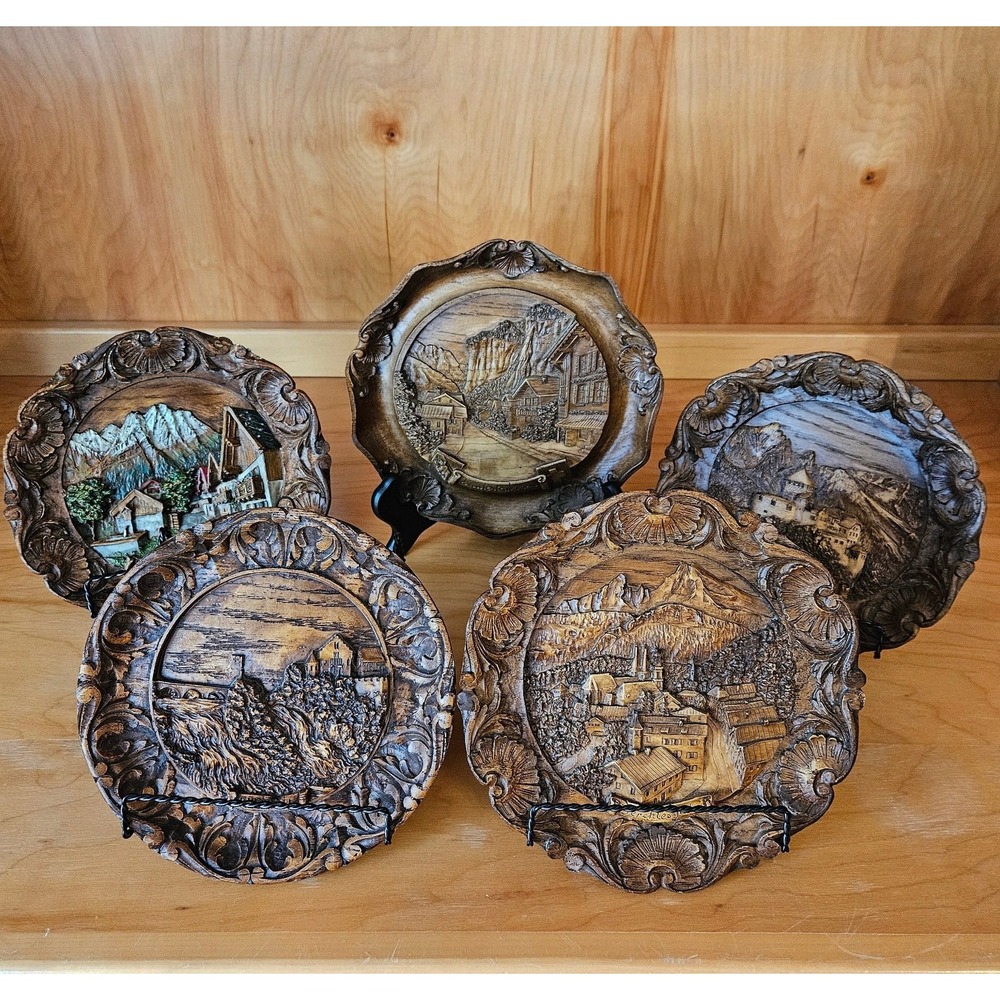 Vtg Alpine Carved Wood Plaques –Germany Switzerland Mtn Village Scenes -Set of 5